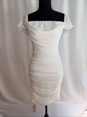 Ruched Off-Shoulder Mini Dress in White